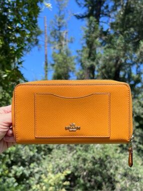 COACH Long Zip-Around Wallet Orange/Tan Crossgrain Leather with Gold Hardware